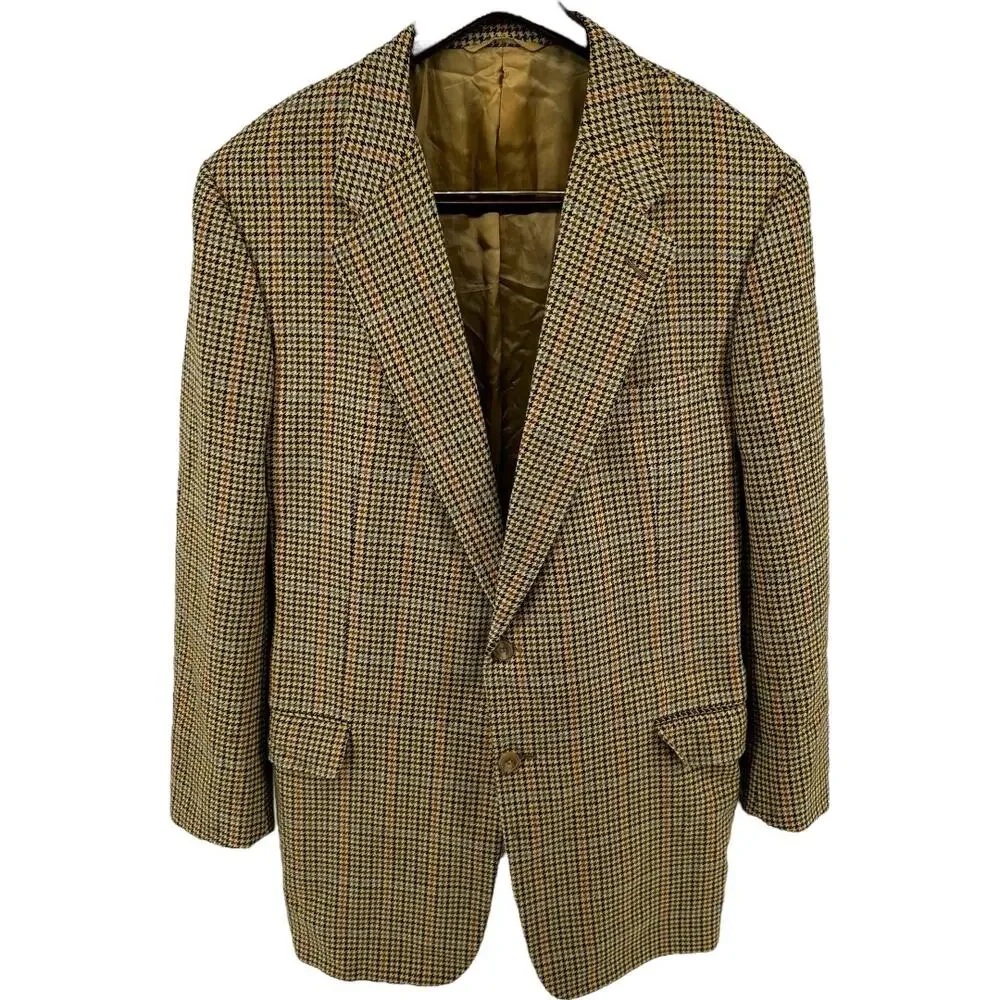 Hickey Freeman Bespoke Sport Coat Suit Jacket Blazer USA Houndstooth Tan 45L